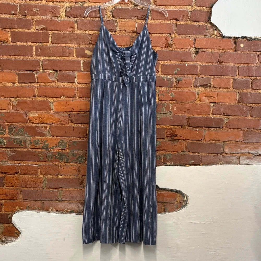 Gianni Bini Blue‎ Wide Leg Striped Cotton Blend Jumpsuit Size Large